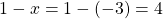 1-x=1-(-3)=4